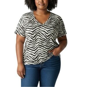 Tahari 100% Linen Zebra Print Top Black White Short Sleeve Size 2X